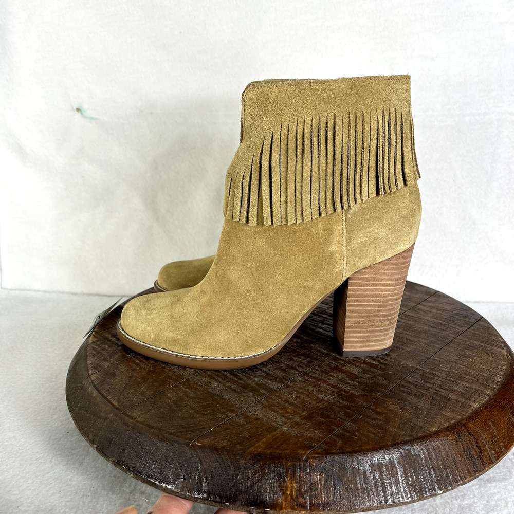 NEIMAN MARCUS Booties Women's Size 7.5 Avale Tan Leather Suede Fringe Block Heel